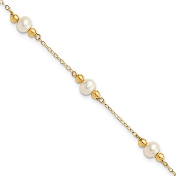 Solid 14K Yellow Gold Womens Pearl w/ Beads Station...
